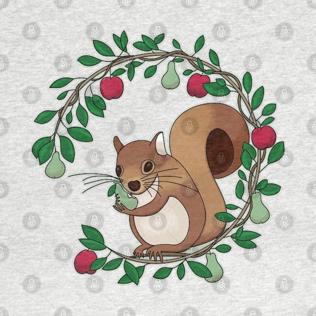 Cottagecore Squirrel Eating Pears and Apples Embroidery style wreath by YourGoods